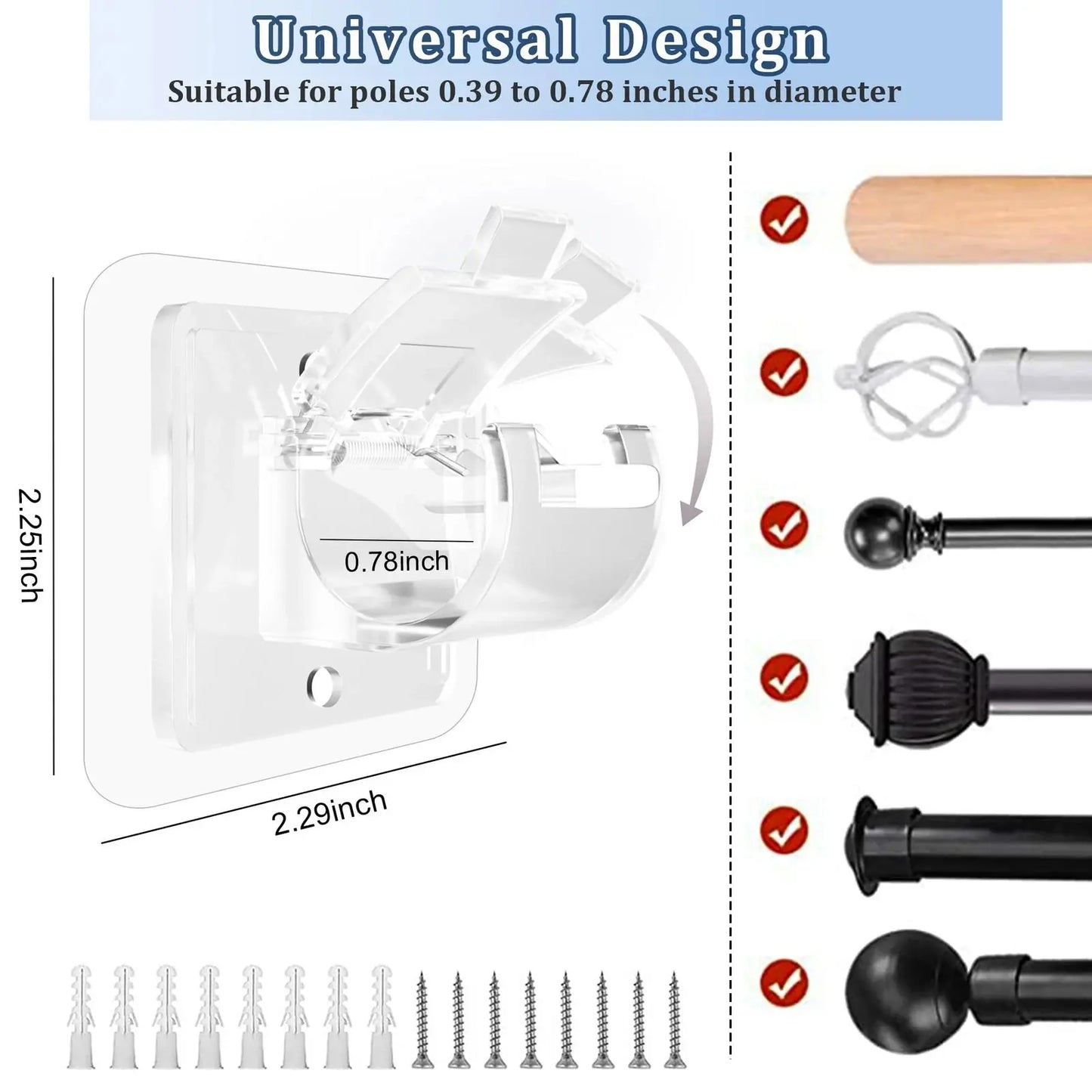 Curtain Rod Brackets with Clips,Transparent Drapery Hooks,Rod Hanging