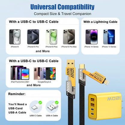 Portable Fast Charger. Type C/USB A Dual Ports Adapter.4 in 1 Fast Charging Cable & Data Sync